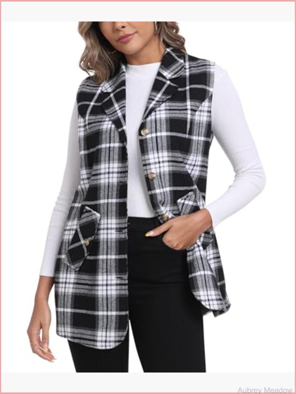 Long Flannel Plaid Vest Sleeveless Button Down Blazer Jacket Cardigan - Picture 2 of 7
